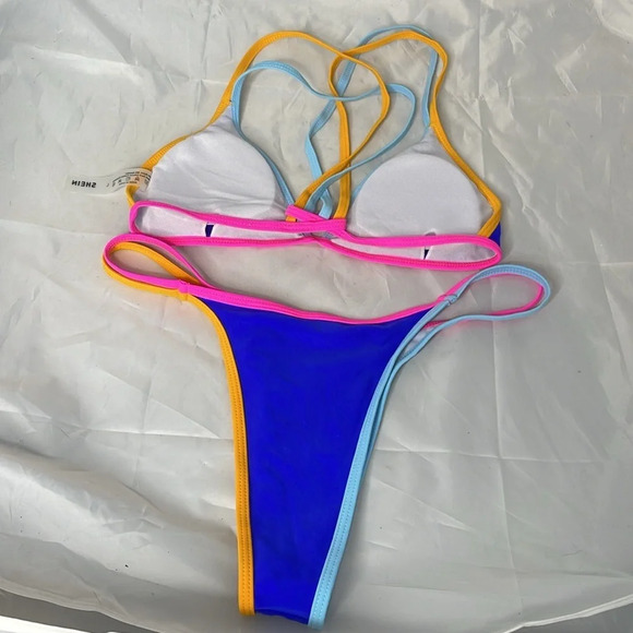 SHEIN ColorBlock Bikini Set Triangle Strappy Top Cheeky Bottom Blue L - Picture 4 of 6